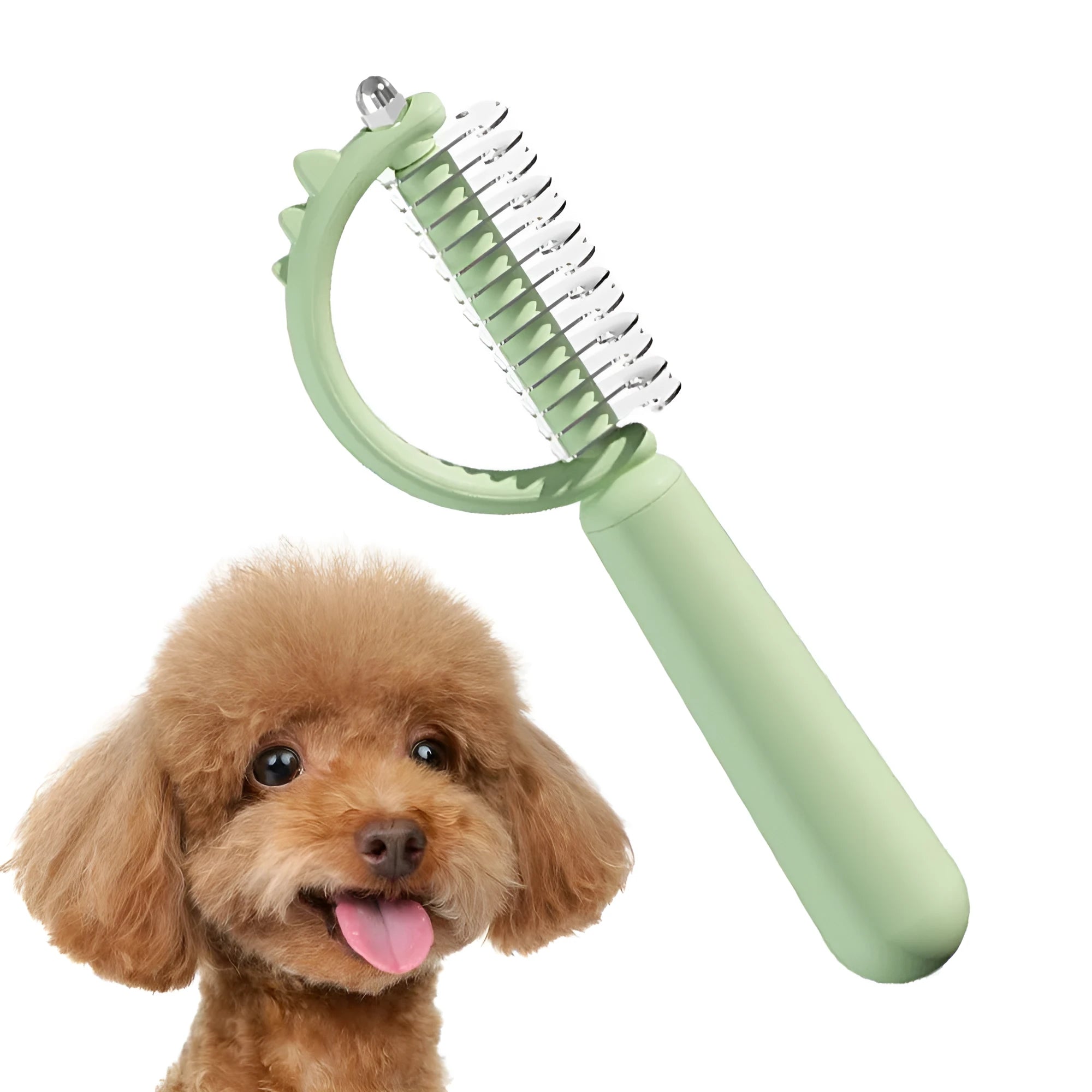 Blue dinosaur-shaped cat brush with self-cleaning feature and double-sided grooming heads