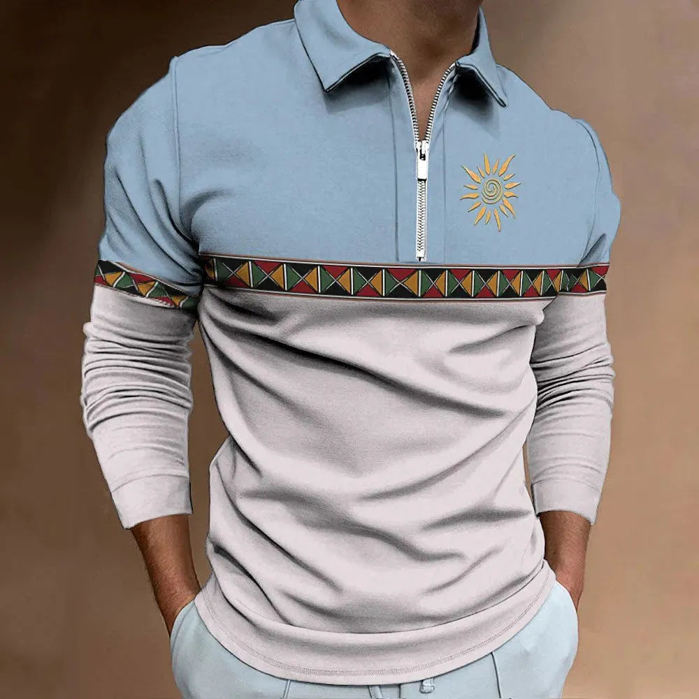 Men's loose fit long sleeve t-shirt with retro striped printing and zipper details