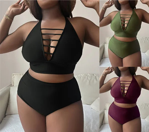 Plus size halter bikini with cross shoulder straps in black, green, or wine red