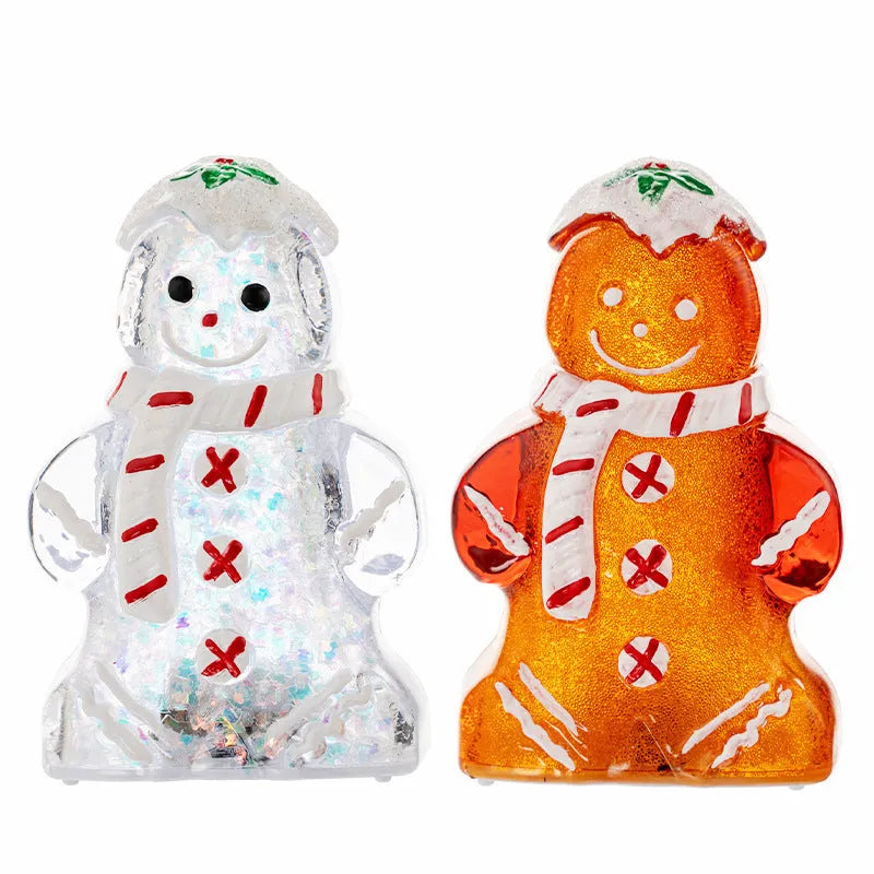Glowing plastic gingerbread man Christmas ornament with a scarf in one of four colour options.