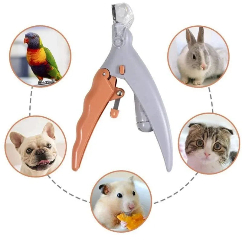 Yellow pet nail clipper with built-in LED light and magnifying lens for dogs and cats.