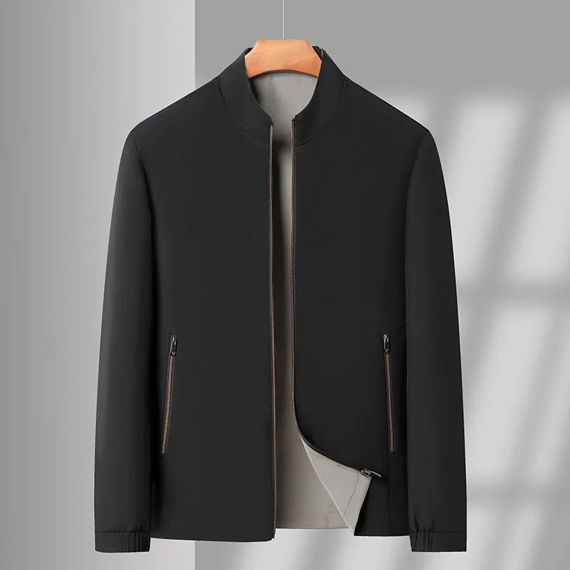 Men's double-sided stand collar casual loose windproof jacket in solid colour, size stick pockets, polyester fibre, front view