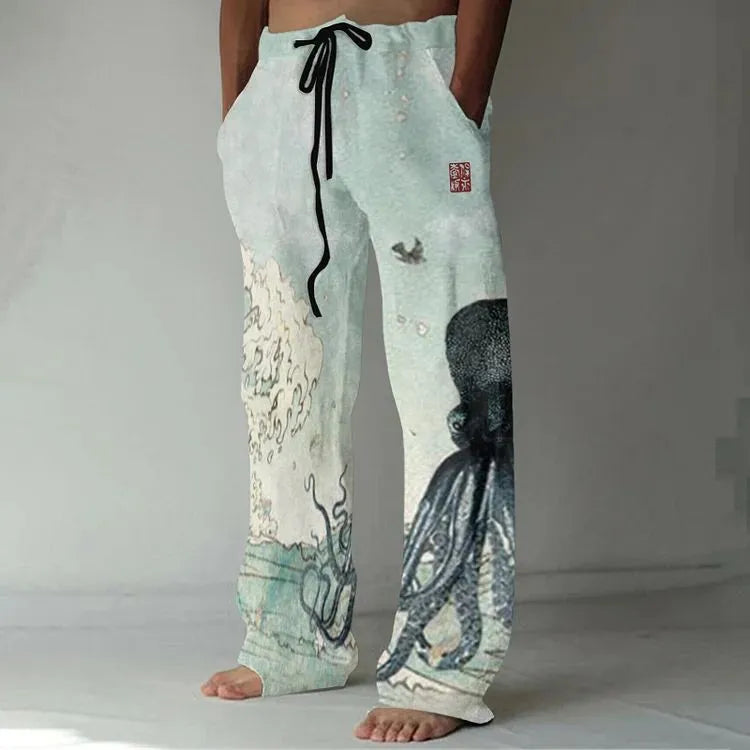 Casual straight-leg loose drawstring trousers in multiple colours with elastic waistband and side pockets