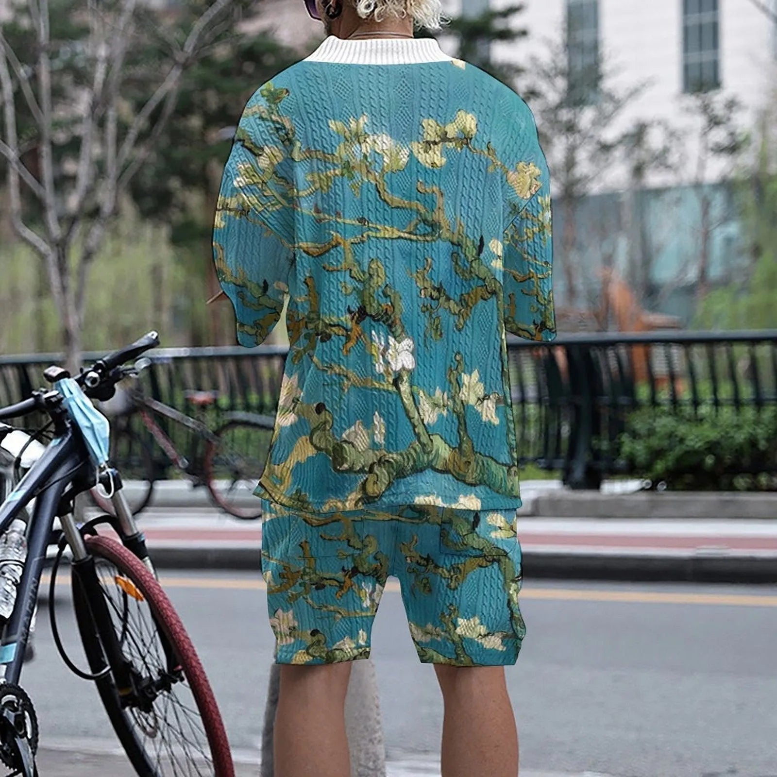 Men's peacock blue 3D printed casual suit with knitted shorts and matching T-shirt