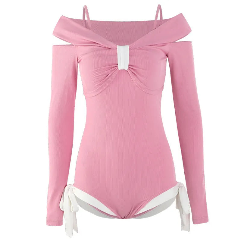 Women's long-sleeve one-piece swimsuit in polyester fabric available pink or black colours