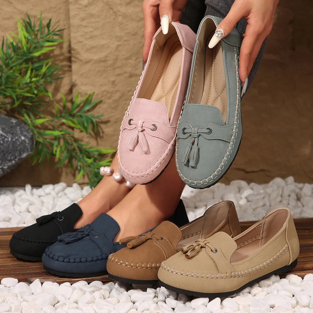 Women's round head loafers non-slip flats low heel artificial PU TPR sole available in multiple colours