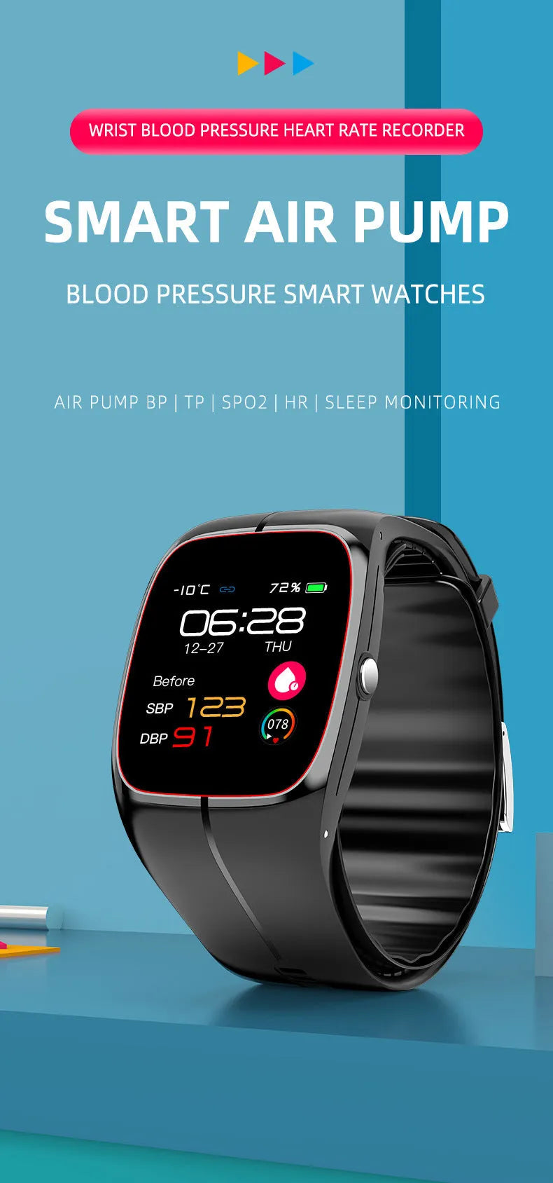 P20 Smart Watch in black showing health monitoring functions on TFT screen