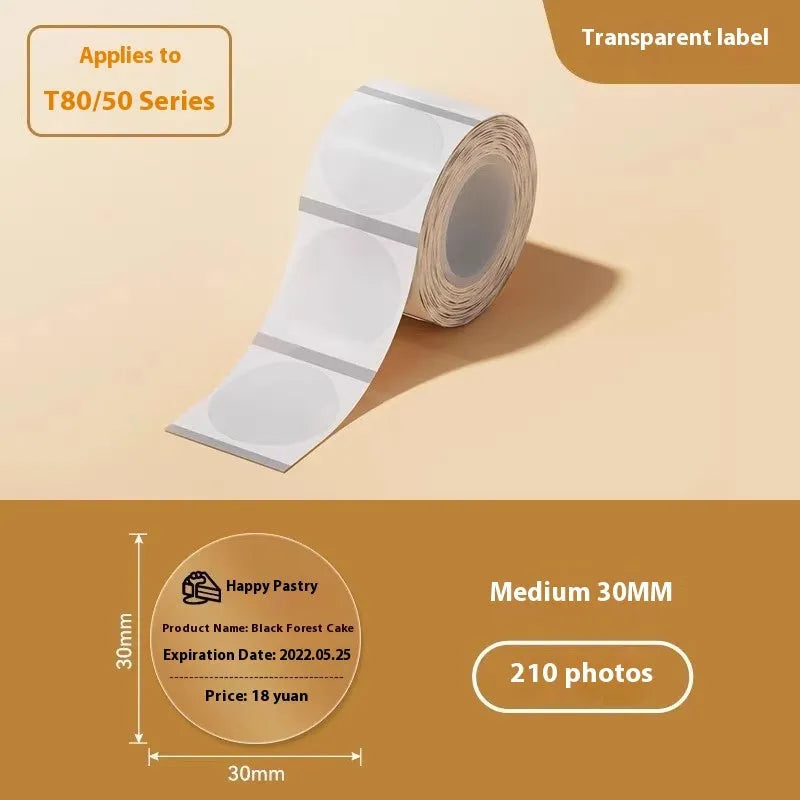 Transparent waterproof adhesive labels in multiple sizes on thermal synthetic paper sheets