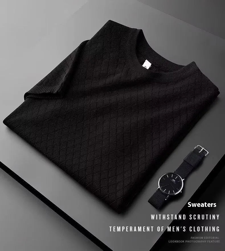 Men's ice silk cut-out T-shirt in black with V-neck design and short sleeves