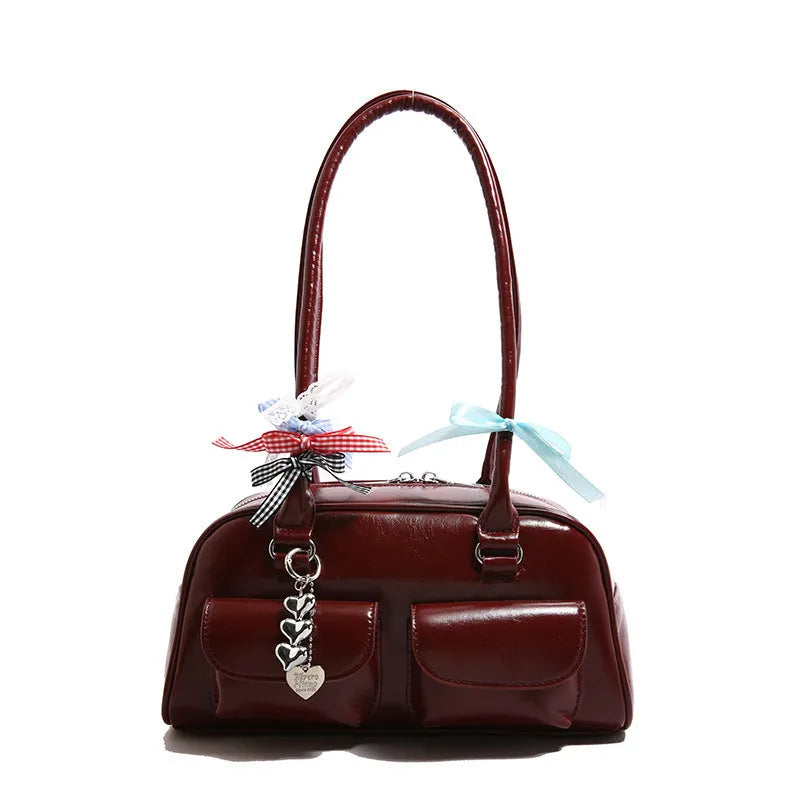 PU leather pillow-shaped flap handbag with double shoulder straps in retro one-shoulder design