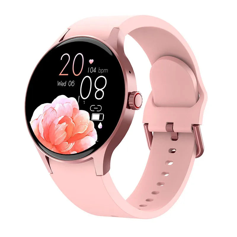 Smart watch with blood glucose and heart rate monitoring on a coloured AMOLED screen.