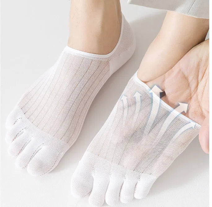 Modal cotton five-finger ultra-thin boat socks in solid colours including black, grey, khaki, and white.