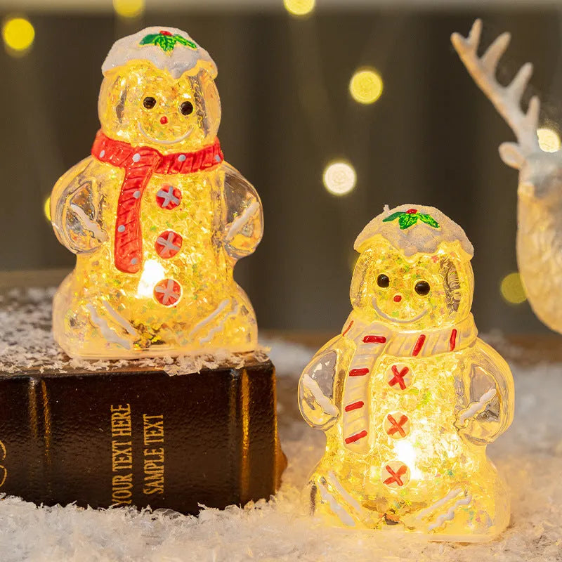 Glowing plastic gingerbread man Christmas ornament with a scarf in one of four colour options.