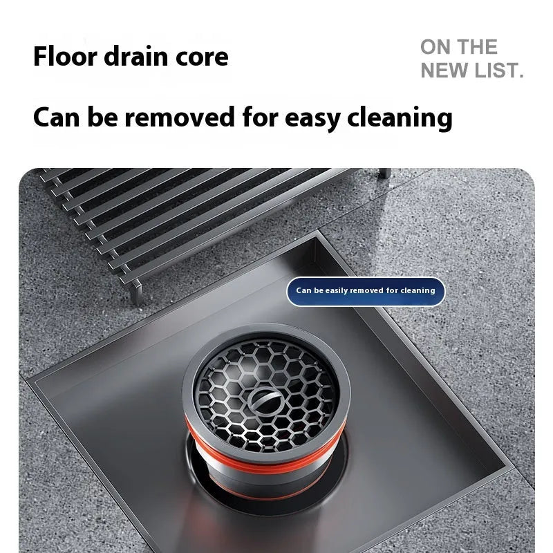 Gun grey 304 stainless steel courtyard floor drain with a square 15x15 cm plastic core.
