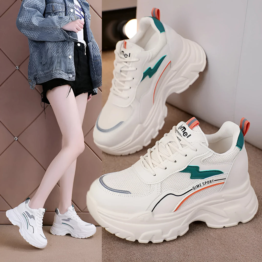 Women's white breathable dad shoes with height-increasing insole and cross shoulder straps