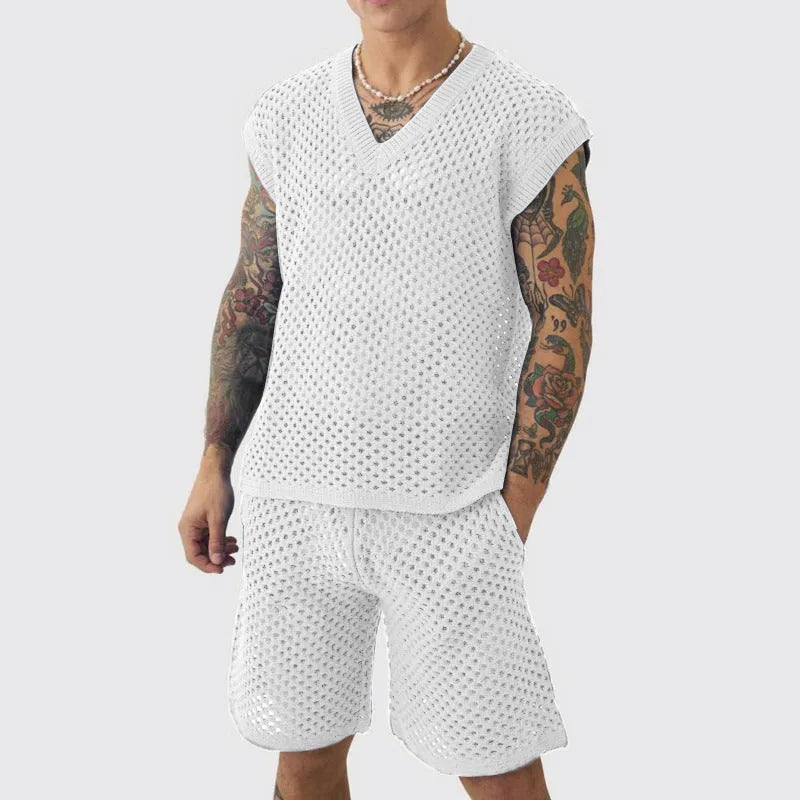 Men's blue V-neck sleeveless vest and matching shorts sports suit on a hanger