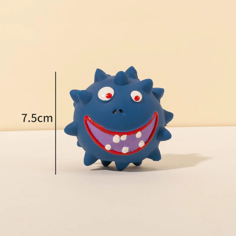 Set of four colourful latex squeaky dog balls with cute faces on bumpy textured surfaces