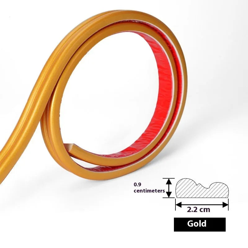 Flexible PVC background wall shaping frame with self-adhesive edge banding in white, gold, black, and silver colours.