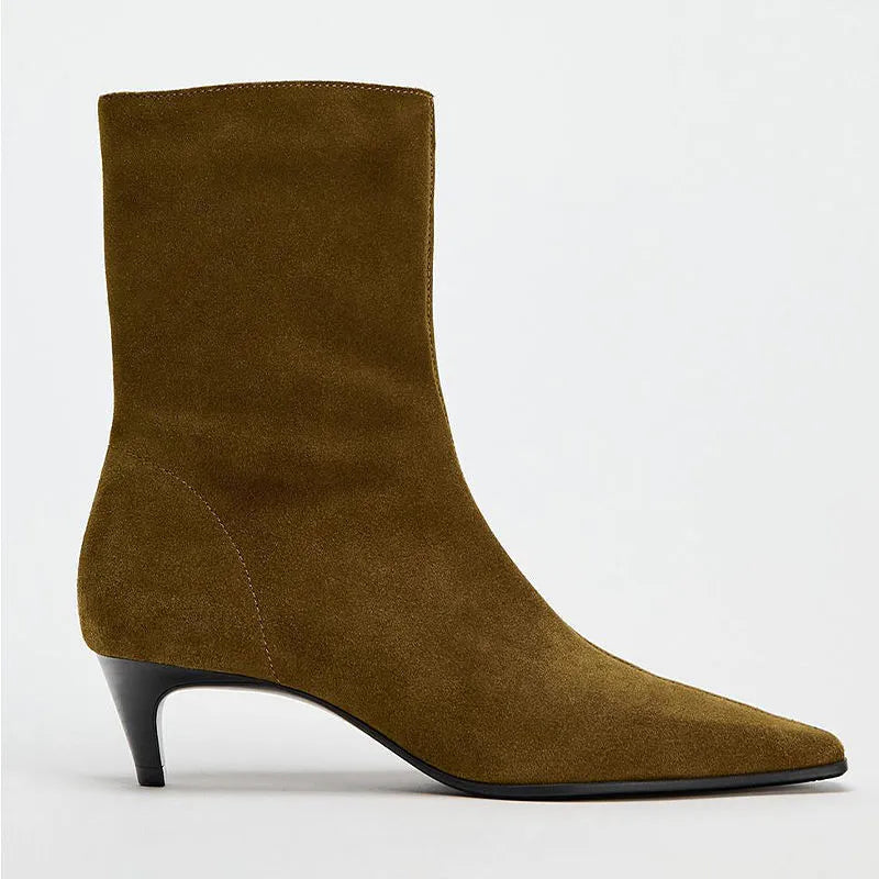 Brown square toe mid-calf boots with a side zipper and pointed stiletto kitten heel on a white background.