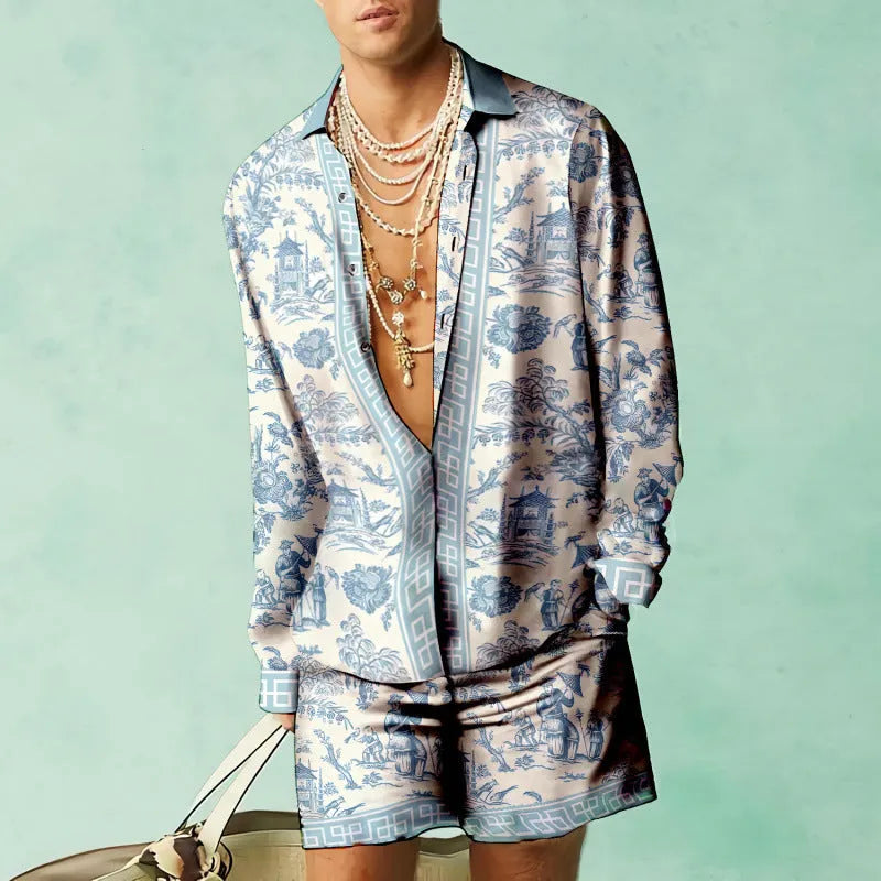 Men's slim fit casual summer matching set with long sleeve shirt and shorts on a hanger