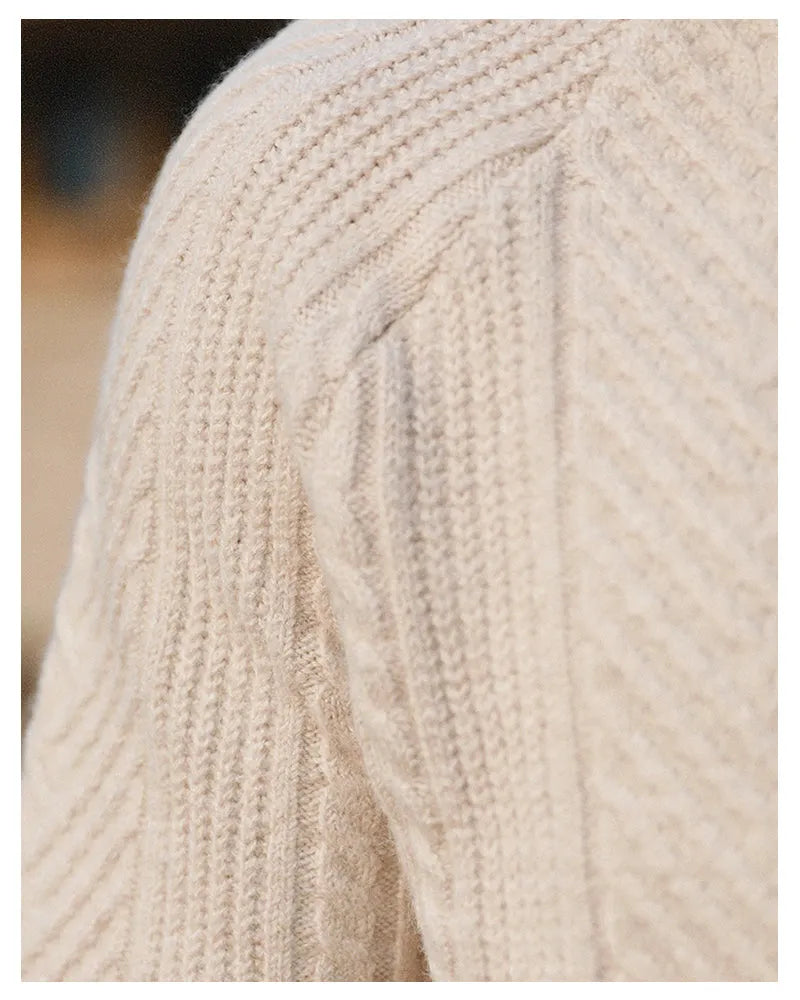 Men's thickened warm base sweater with stand collar in apricot colour, long sleeves, knit fabric
