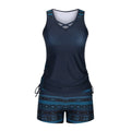 Women's blue floral lace two-piece swimsuit bikini set with matching shorts