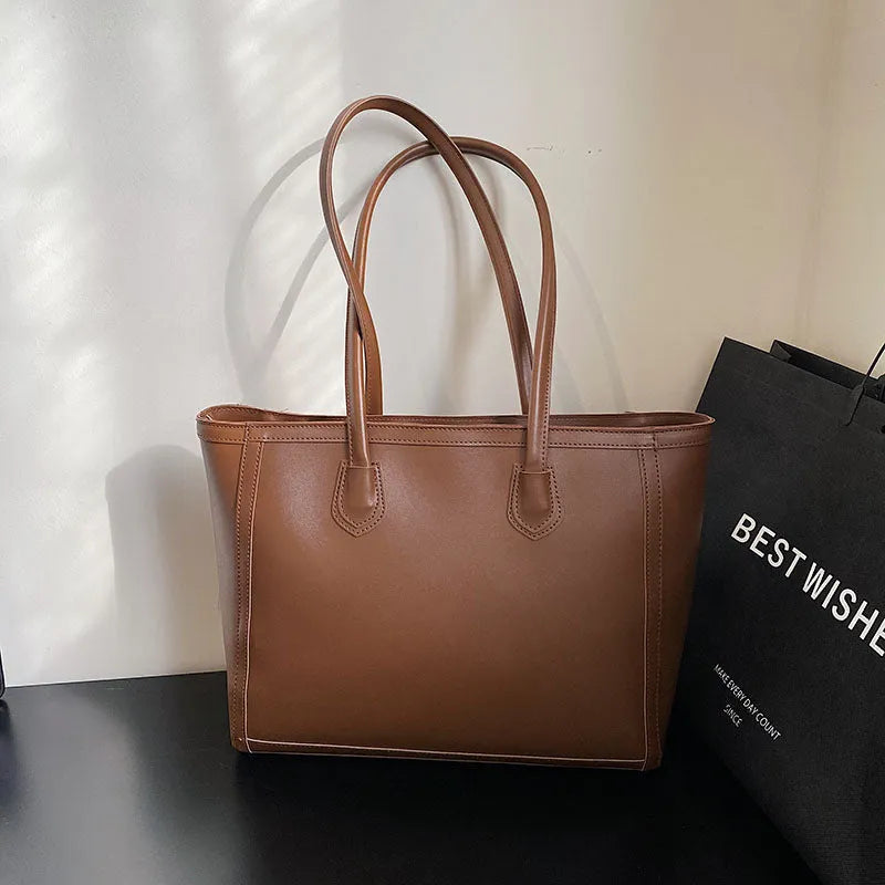 Horizontal square PU tote shoulder bag in khaki colour with smooth finish