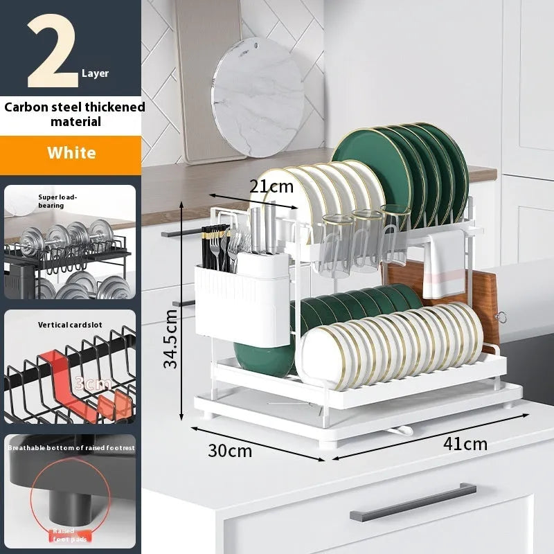 White double-layer kitchen storage rack with removable draining feature