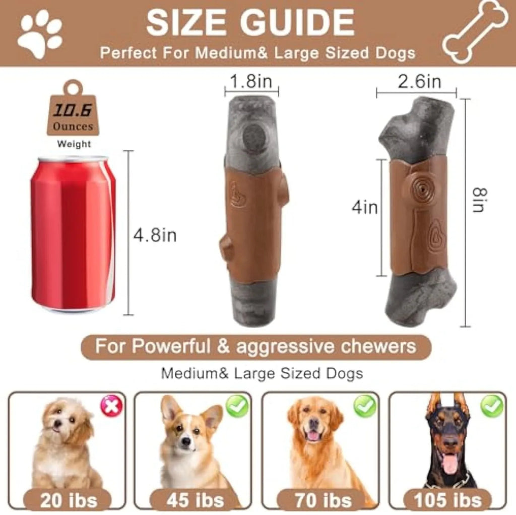 Large, branch-shaped bacon-flavoured dog chew toy with squeaker for aggressive chewing dogs.