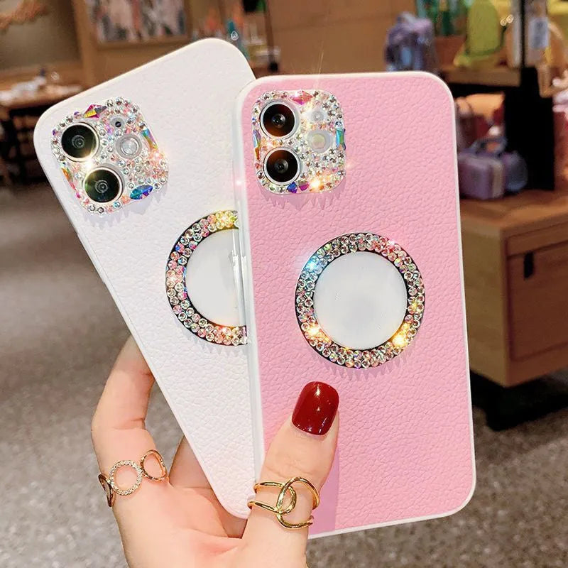 Luxury rhinestone TPU back cover phone case in purple, pink, and white for iPhone