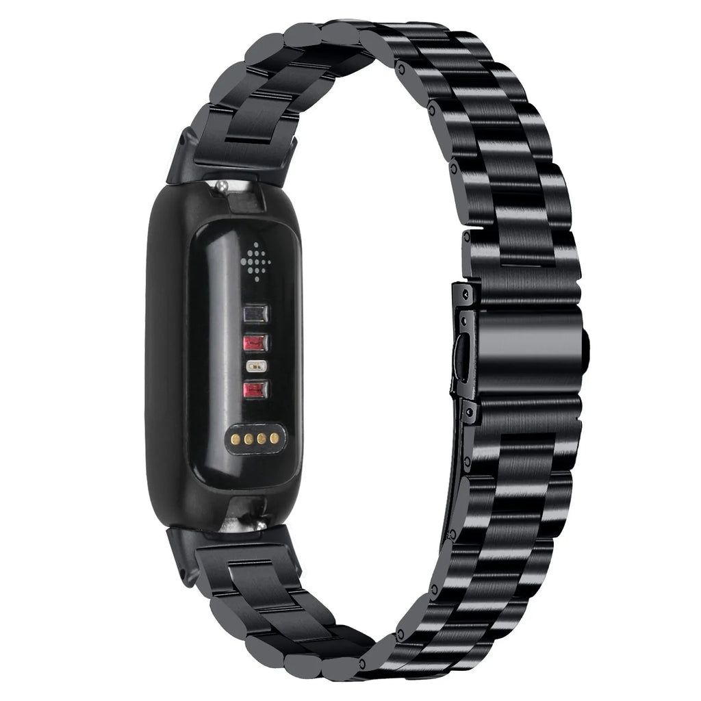 Stainless steel watch strap for Fitbit Inspire 3 tracker in multiple colour options on a grey background.