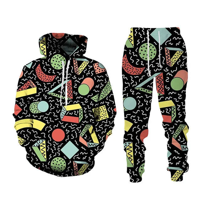 3D printed sports hoodie set for men with loose fit top and long pants in black