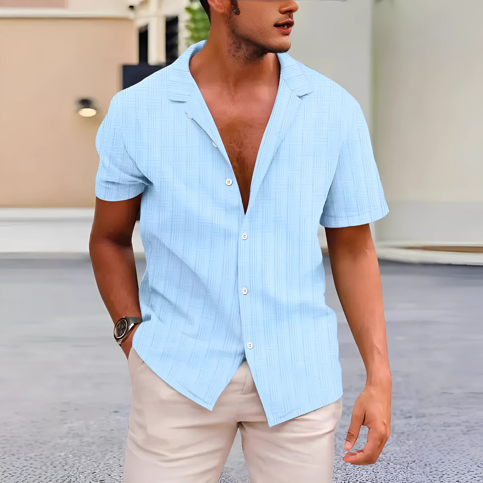 Corduroy short sleeve summer shirt in solid colour with British style cardigan design