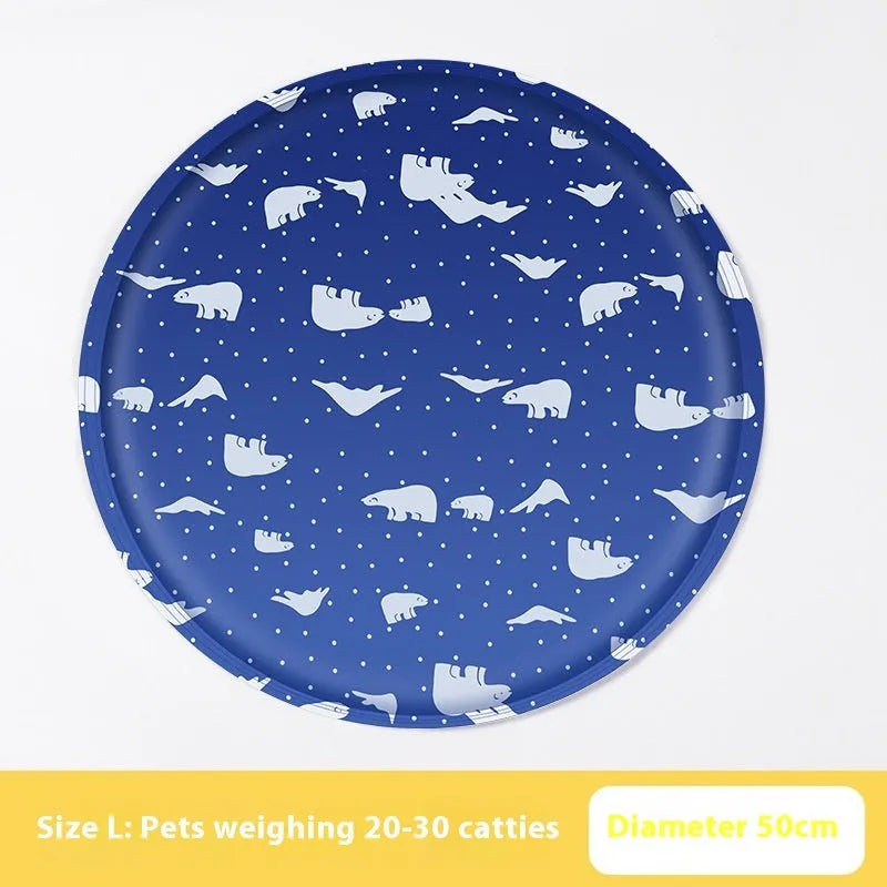Round pet cooling ice pad with cartoon corgi design on blue background, showing 50cm diameter size.