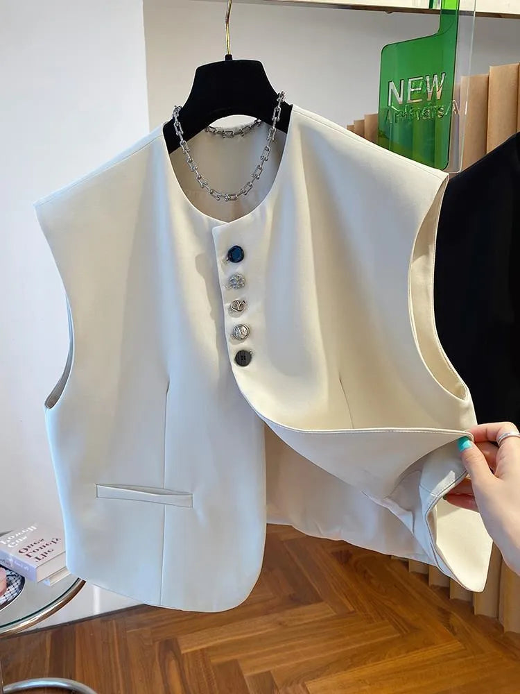 Beige loose-fitting polyester waistcoat with pockets on a hanger