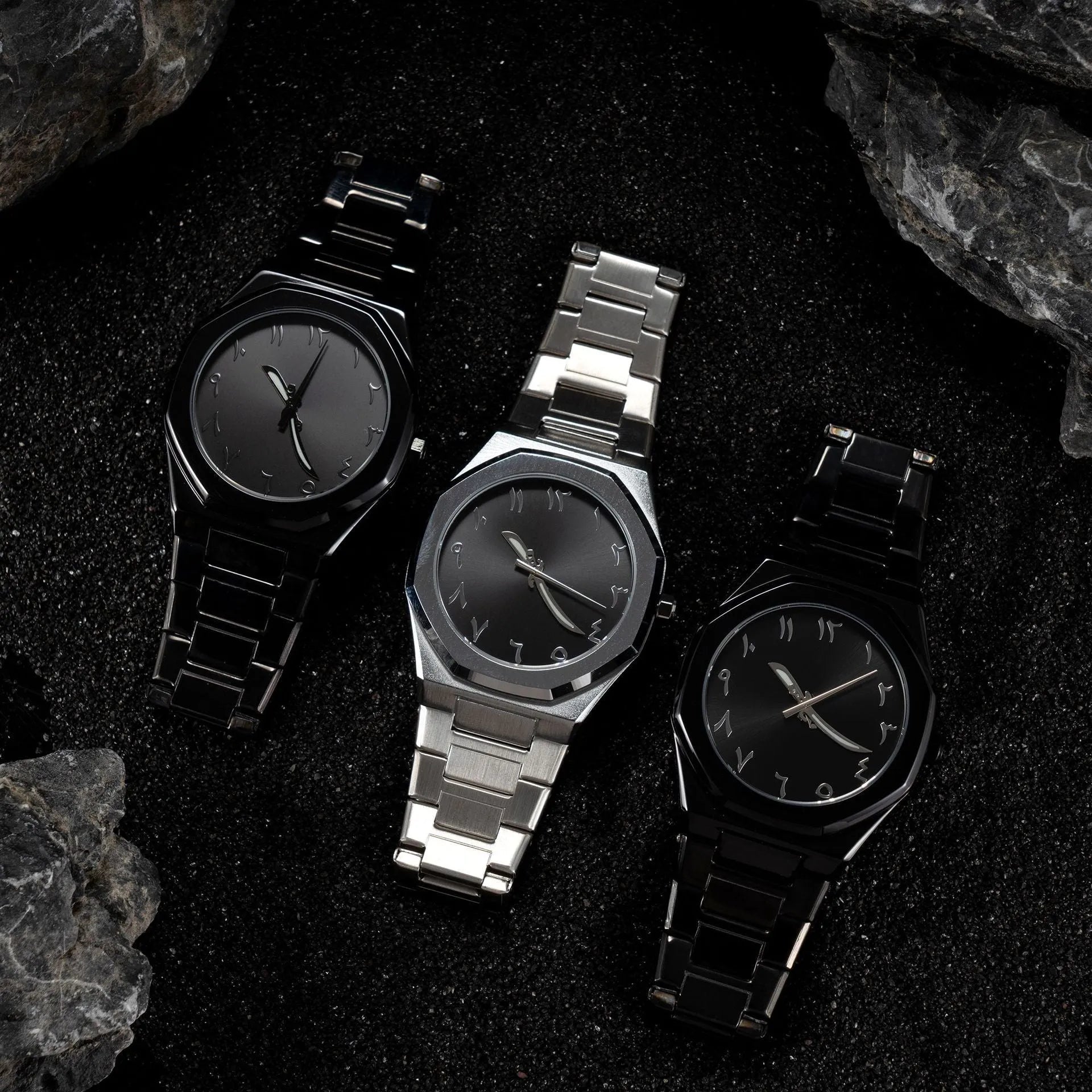 Business casual men's watch with steel strap and quartz movement, shown in black, silver, and black silver scale colour options.