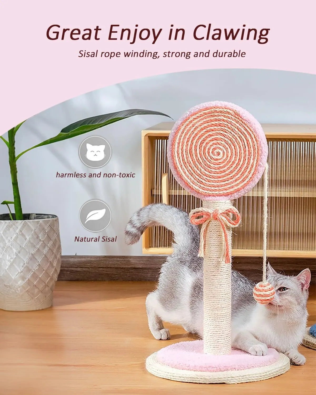 Blue cat scratching post with sisal rope and a hanging toy ball on a sturdy wooden base