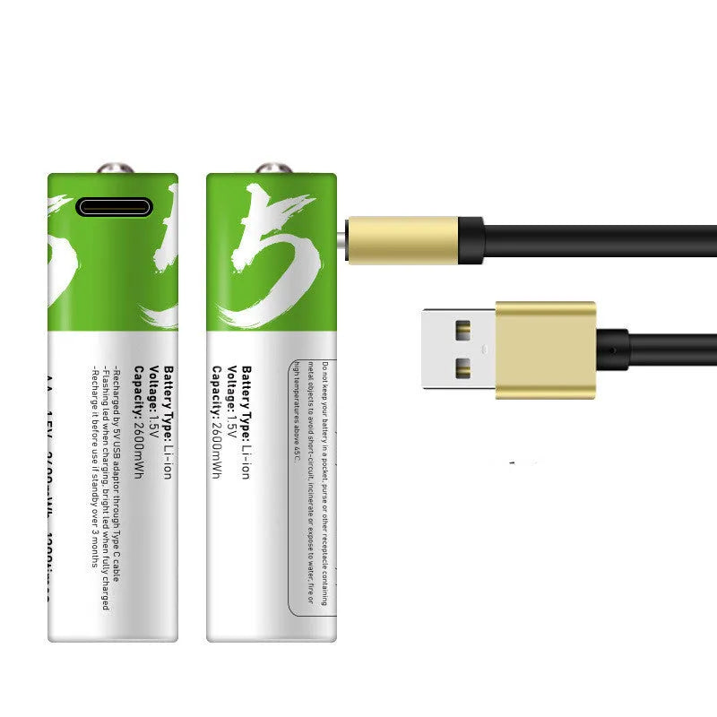 AA and AAA rechargeable lithium batteries with USB charging cable and indicator light