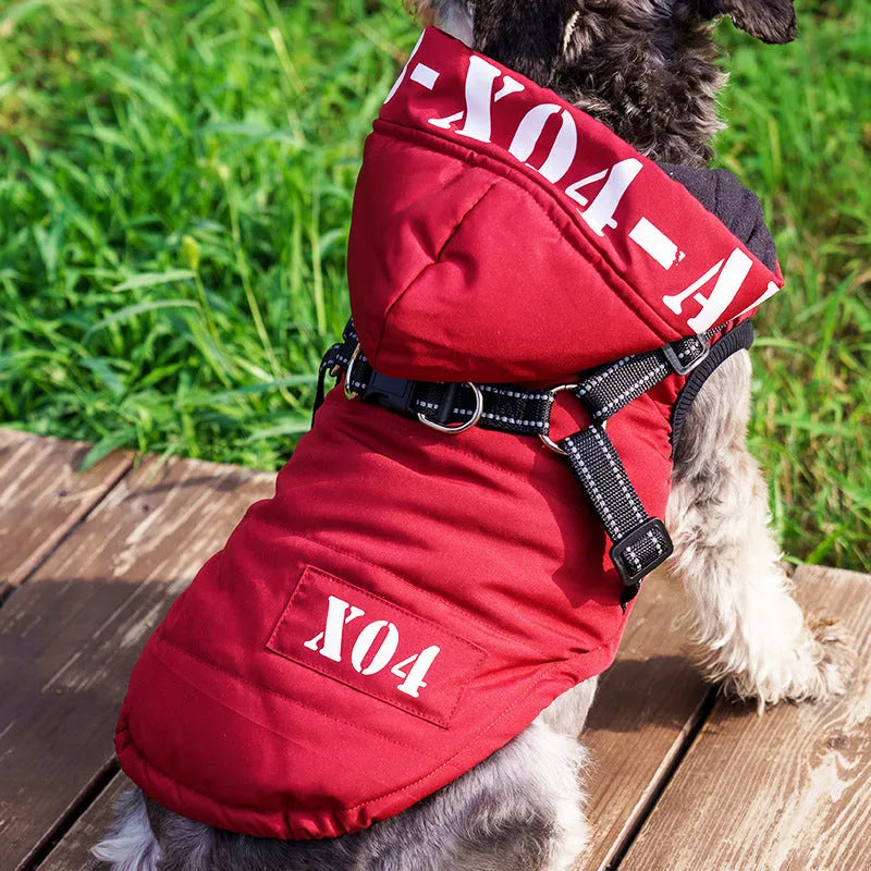 Fleece-lined waterproof dog jacket with hood in red, grey, blue or black colours