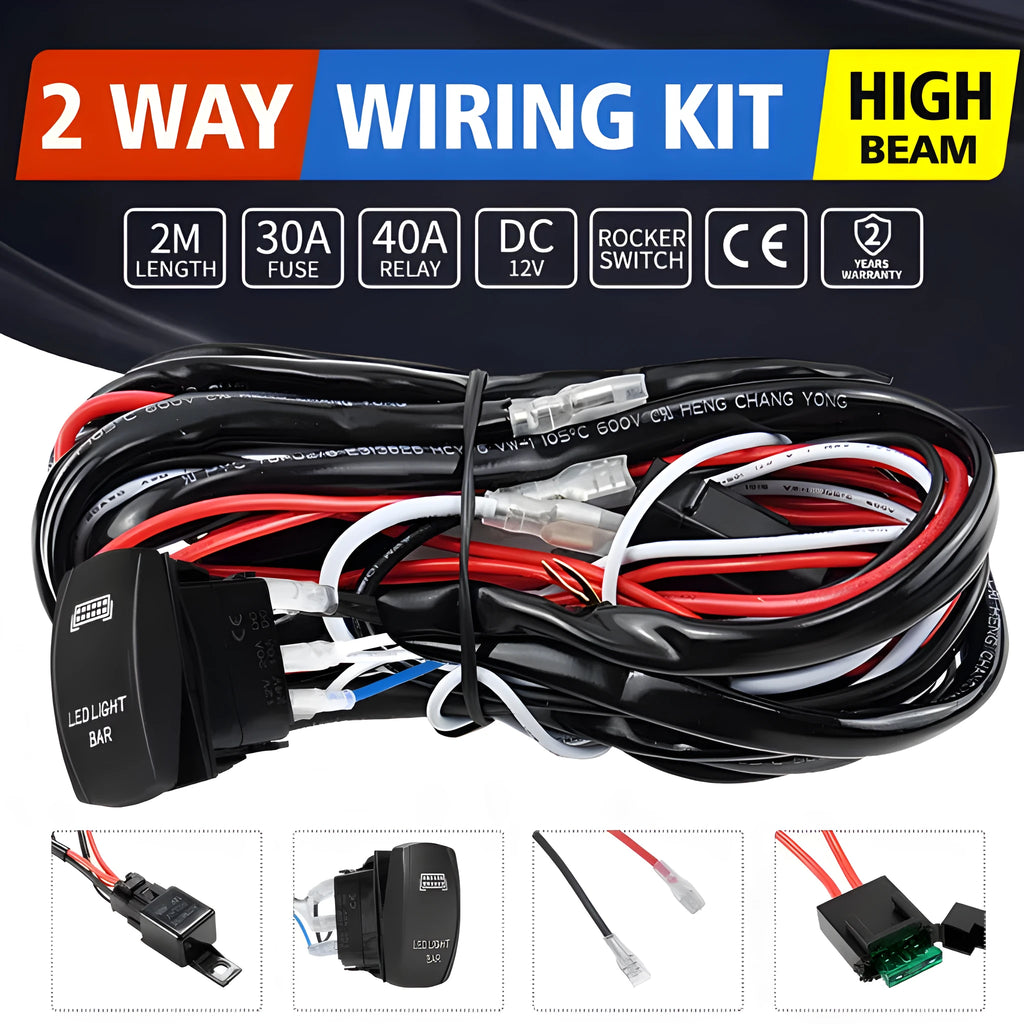 Black off road LED spotlight cable set with 2 metre wiring harness and LED light bar switch