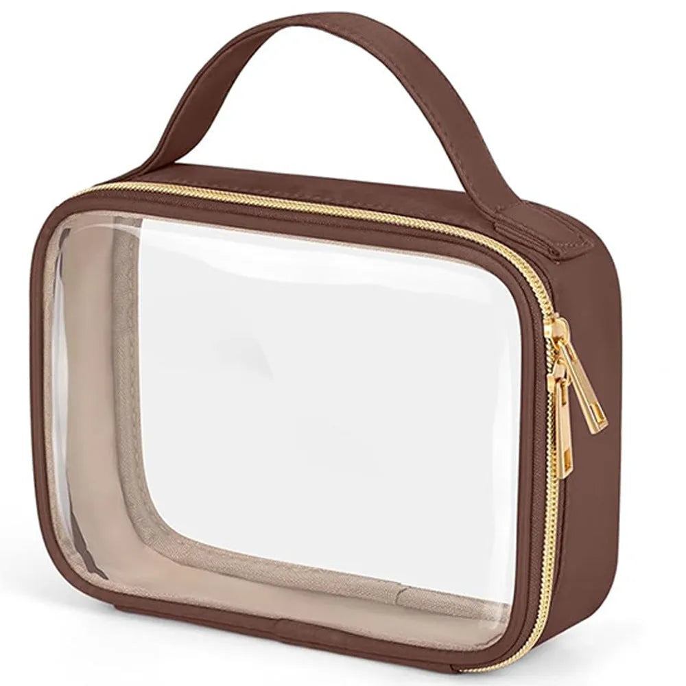 Clear PVC wash bag with chain handle for lipstick storage, shown in leopard print colour.