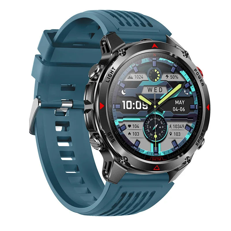 Black smart sports watch with GPS, flashlight, compass, Bluetooth calling, silicone strap, and TFT screen showing heart rate data