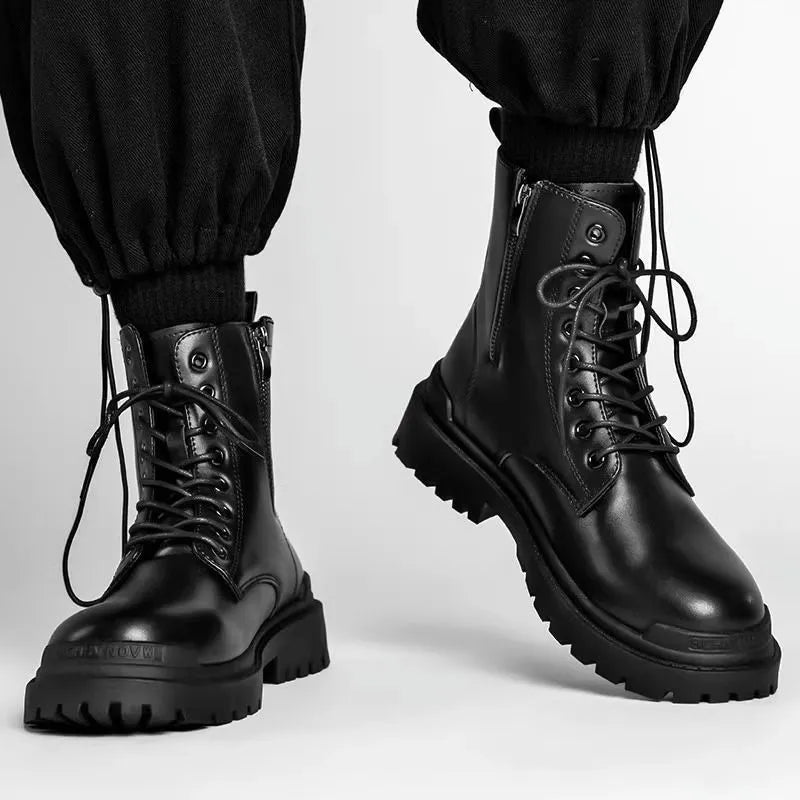 Men's mid-top tide British leather boots with flat rubber soles in black colour