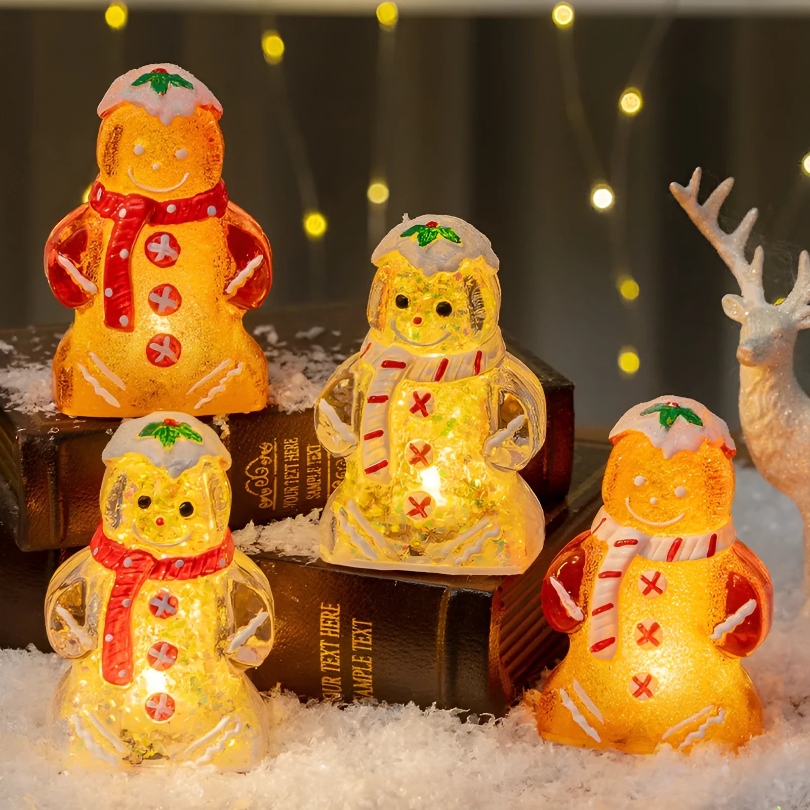 Glowing plastic gingerbread man Christmas ornament with a scarf in one of four colour options.
