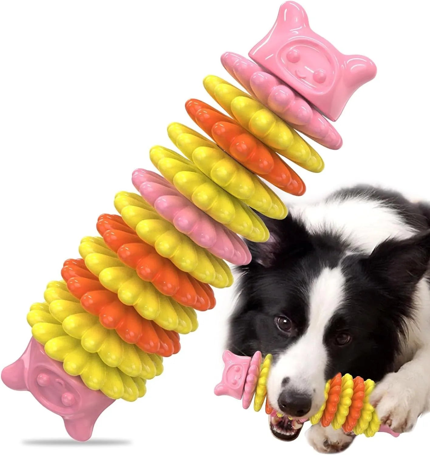 Blue rubber caterpillar-shaped dog chew toy for aggressive chewers on a white background.