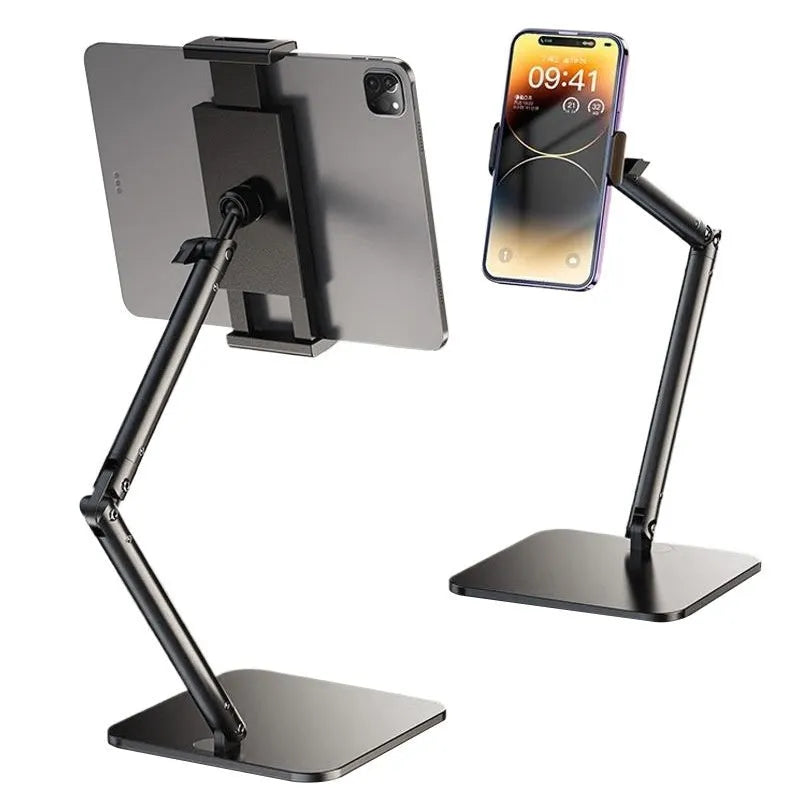 Alloy desktop bracket holding a mobile phone with adjustable arms for live streaming and shooting