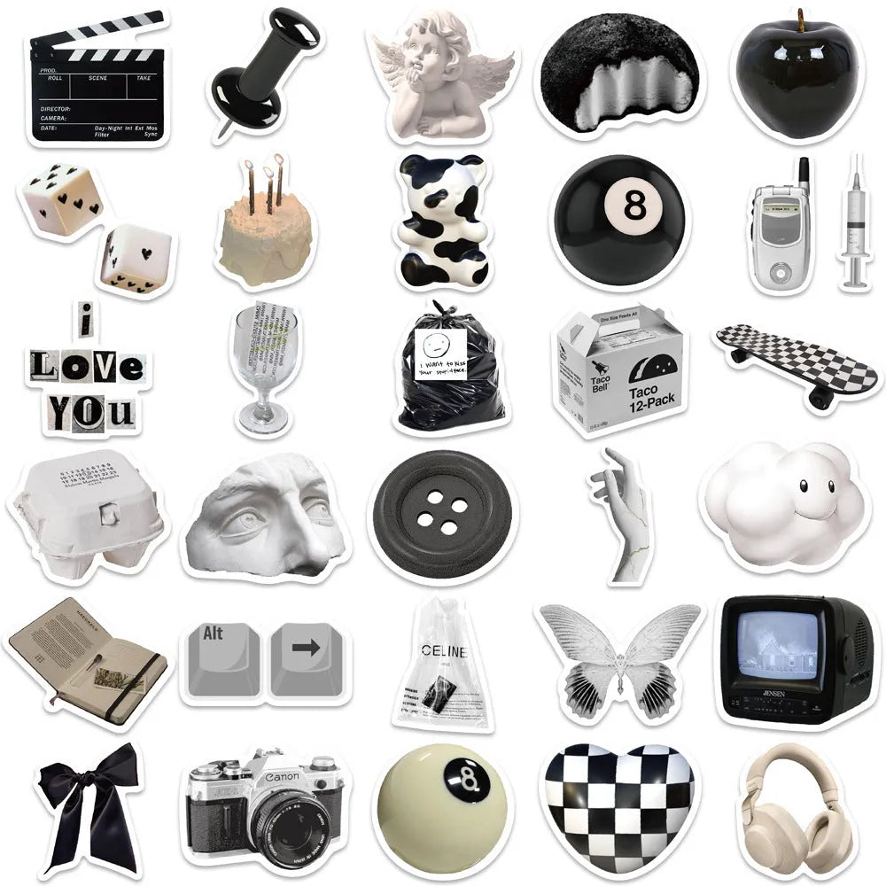 Black and white PVC waterproof stickers with coffee cup designs for laptop and phone decoration