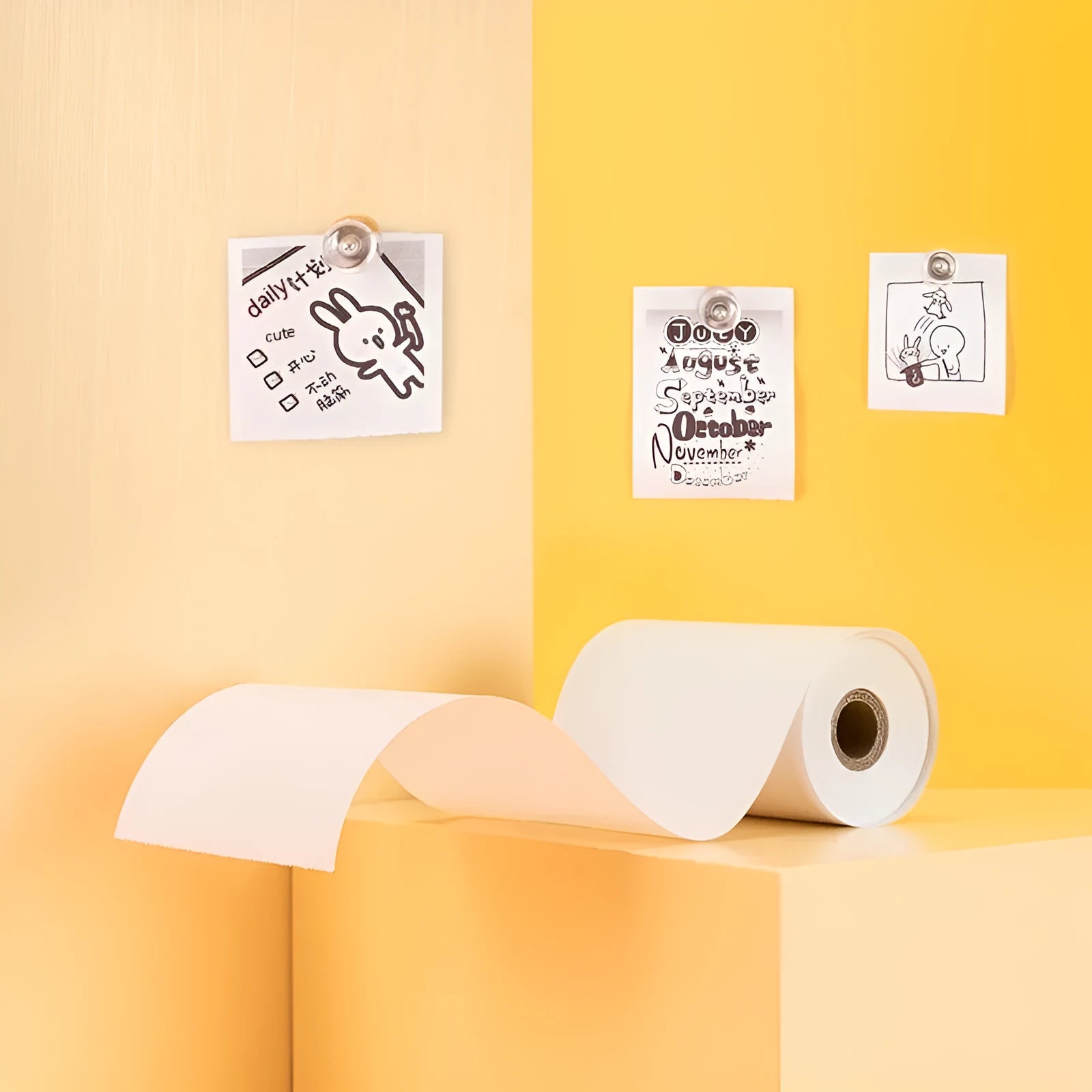 Three rolls of white 57mm wide thermal paper with a 30mm diameter, packaged together in a box.