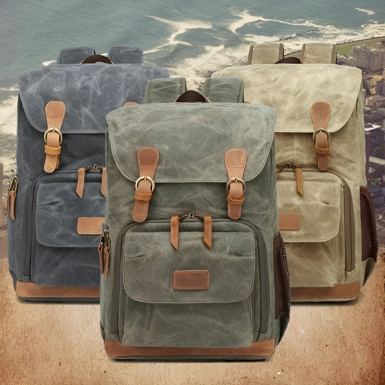 Canvas DSLR camera backpack in khaki colour with waterproof construction and backpack straps