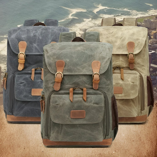 Canvas DSLR camera backpack in khaki colour with waterproof construction and backpack straps